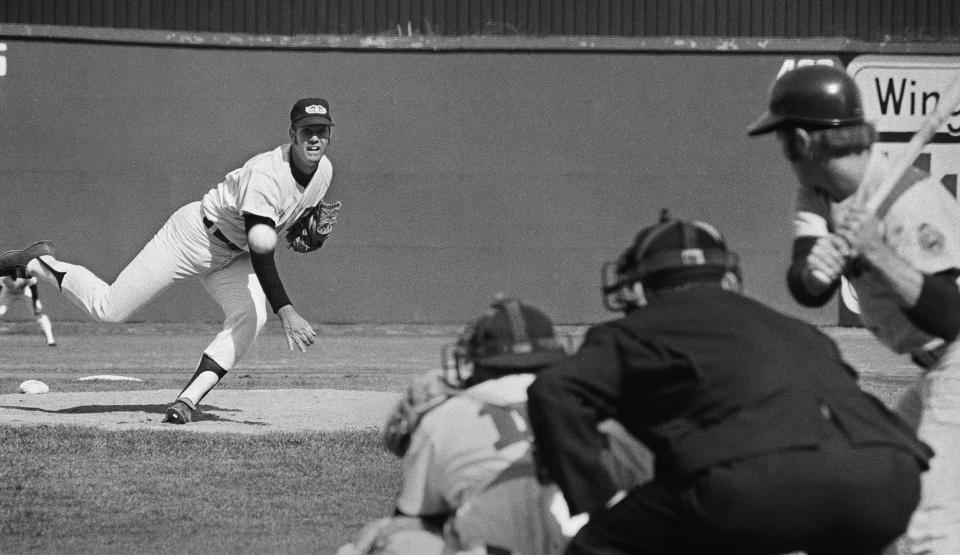 Red Wings starting pitcher John Montague delivers against Richmond during the Red Wings home opener of the 1971 season, on April 22, 1971 at Silver Stadium. 