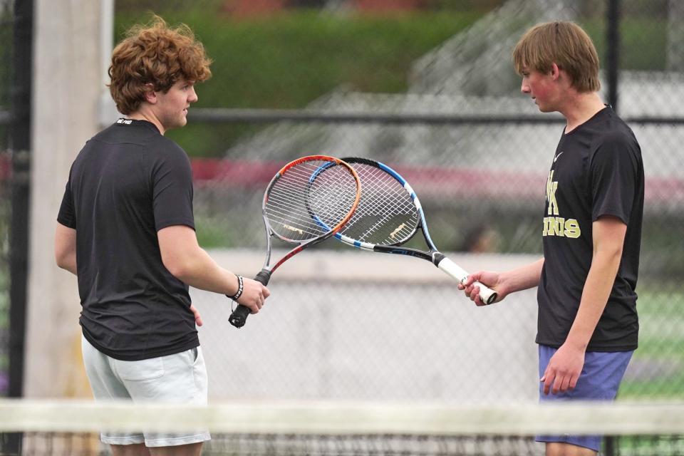 North Kingstown's Alex Ashton (left) and Alex Votta (right) celebrate after winning a point during their straight-sets win at No. 3 doubles Tuesday, helping the Skippers take down undefeated Classical.
