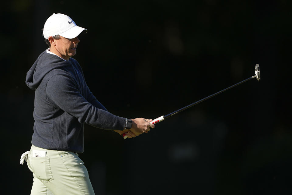 Rory McIlroy, of Northern Ireland, watches his putt on the 13th hole during first round of the Wells Fargo Championship golf tournament at the Quail Hollow Club on Thursday, May 4, 2023, in Charlotte, N.C. (AP Photo/Chris Carlson)