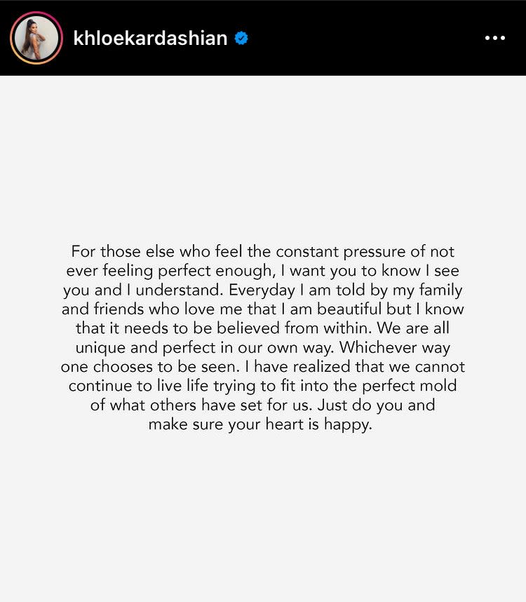 Khloe Kardashian’s message about body imageKhloe Kardashian/Instagram
