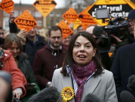 Liberal Democrats winner of the Richmond Park by-election, Sarah Olney, celebrates her victory on Richmond Green in London, Britain December 2, 2016. REUTERS/Peter Nicholls