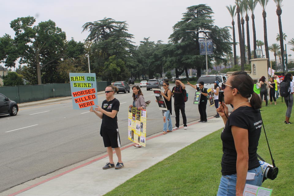 Demonstrators arrived at 11 a.m. on Saturday when the gates opened at Santa Anita Park. (Josh Schafer/Yahoo Sports)