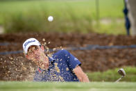 Chesson Hadley hits out of the bunker on the the second green during the final round of the Palmetto Championship golf tournament in Ridgeland, S.C., Sunday, June 13, 2021. (AP Photo/Stephen B. Morton)