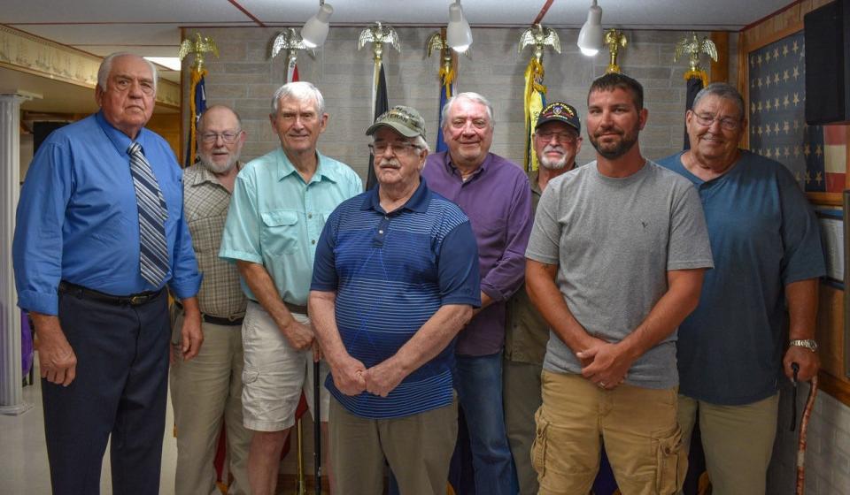 These Purple Heart recipients were honored and thanked for their sacrifice during the 2023 Ottawa County Purple Heart Dinner on Aug. 5. From left are William Butzin, Terrence Rudes, Reggie Langford, Richard Ashline, Gary Cagle, William “Bill” Sorg, Matt Kaiser and James Kania.