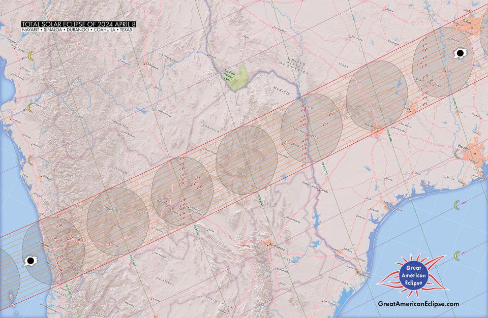 Total solar eclipse 2024 map showing the moon's shadow traveling over Mexico.