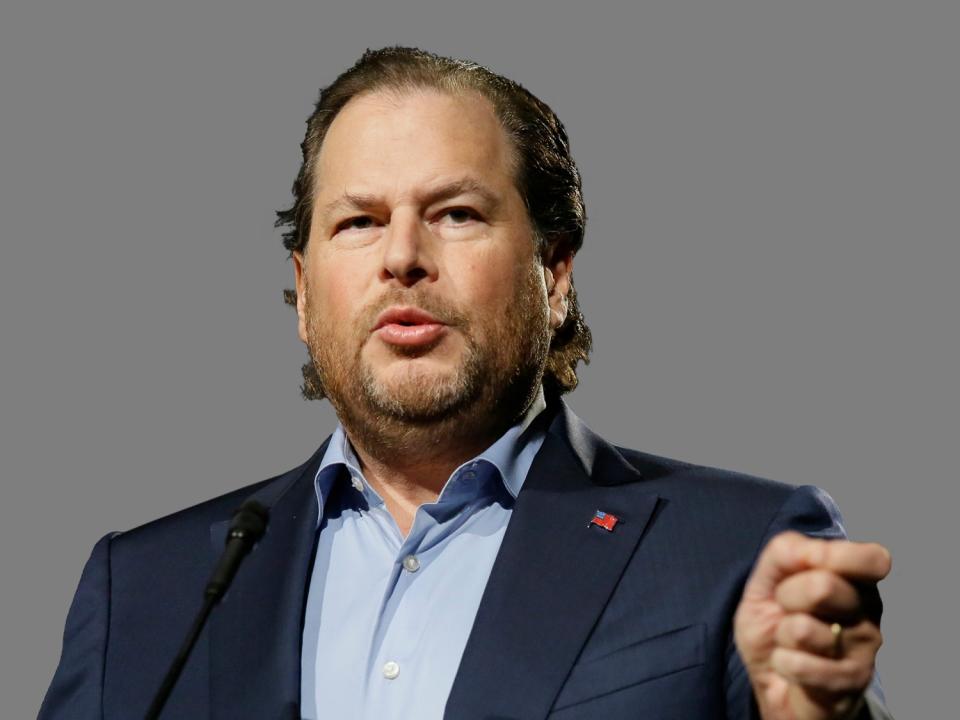 Marc Benioff headshot, SalesForce co-founder, graphic element on gray