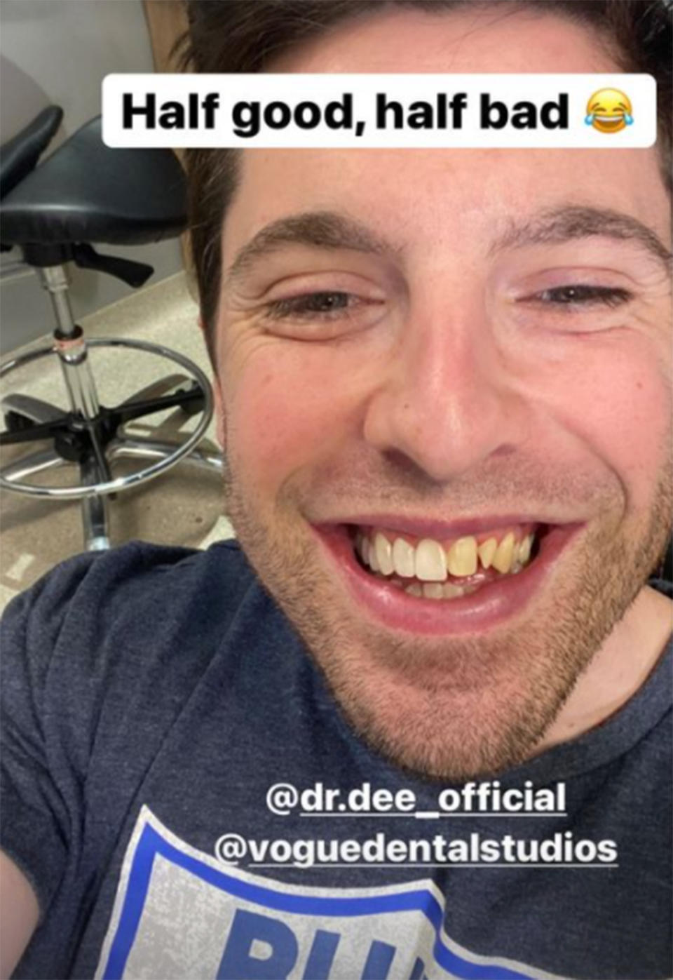 A selfie of Married At First Sight's Patrick Dwyer mid-way through his veneers fitting