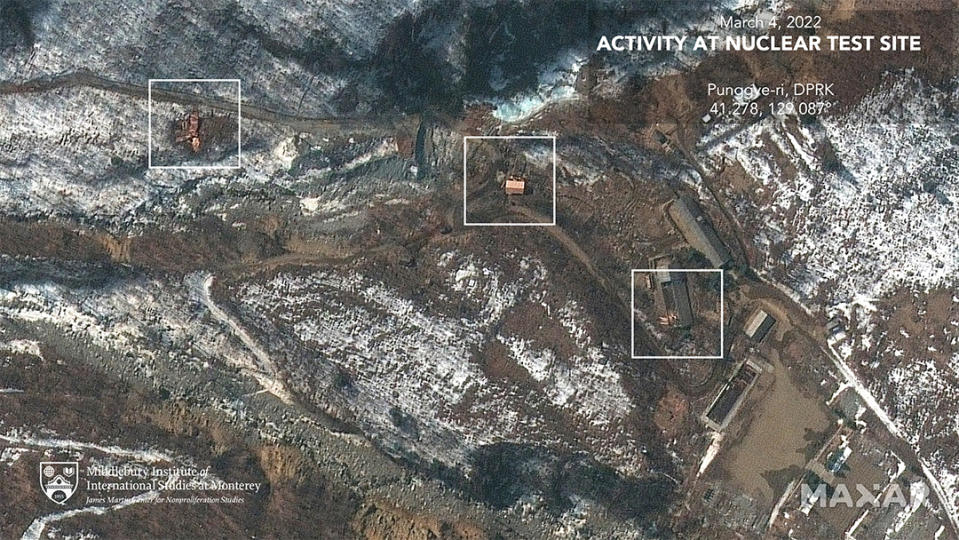 This satellite image shows North Korea's dismantled nuclear testing facility on March 4, 2022, with signs of new work on the site. (Maxar)