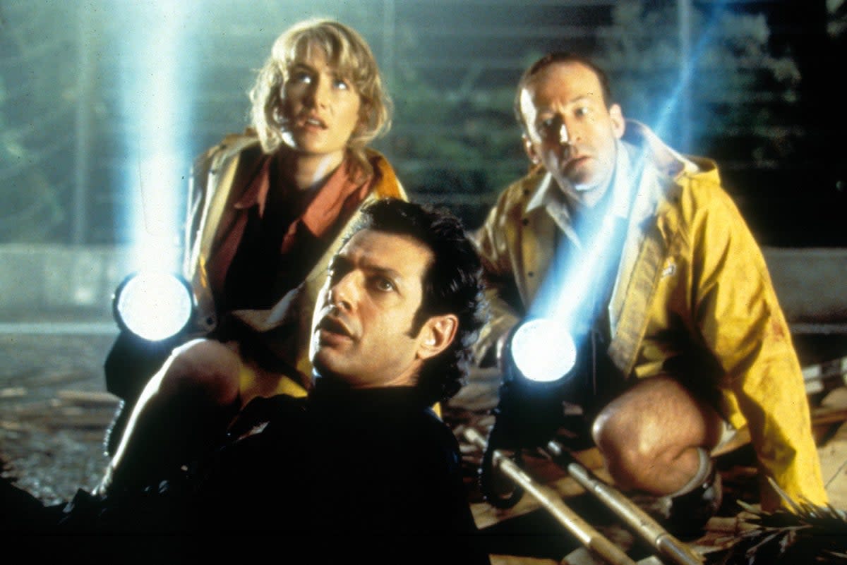 Seminal: Goldblum with Laura Dern and Bob Peck in Steven Spielberg’s ‘Jurassic Park’ (Shutterstock)