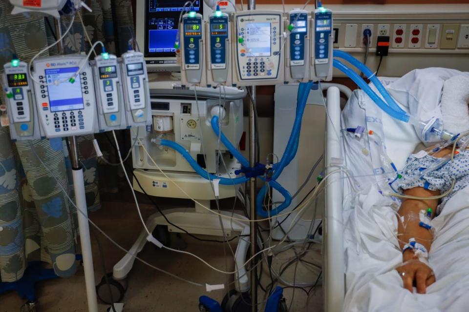 <div class="inline-image__caption"><p>A COVID-19 patient, in a medically induced coma, is connected to life-sustaining devices providing blood pressure medication, antibiotics, sedation, feeding and assistance breathing at Mount Sinai South Nassau Hospital in Oceanside, New York on April 14, 2020.</p></div> <div class="inline-image__credit">Jeffrey Basinger/Newsday via Getty Images</div>