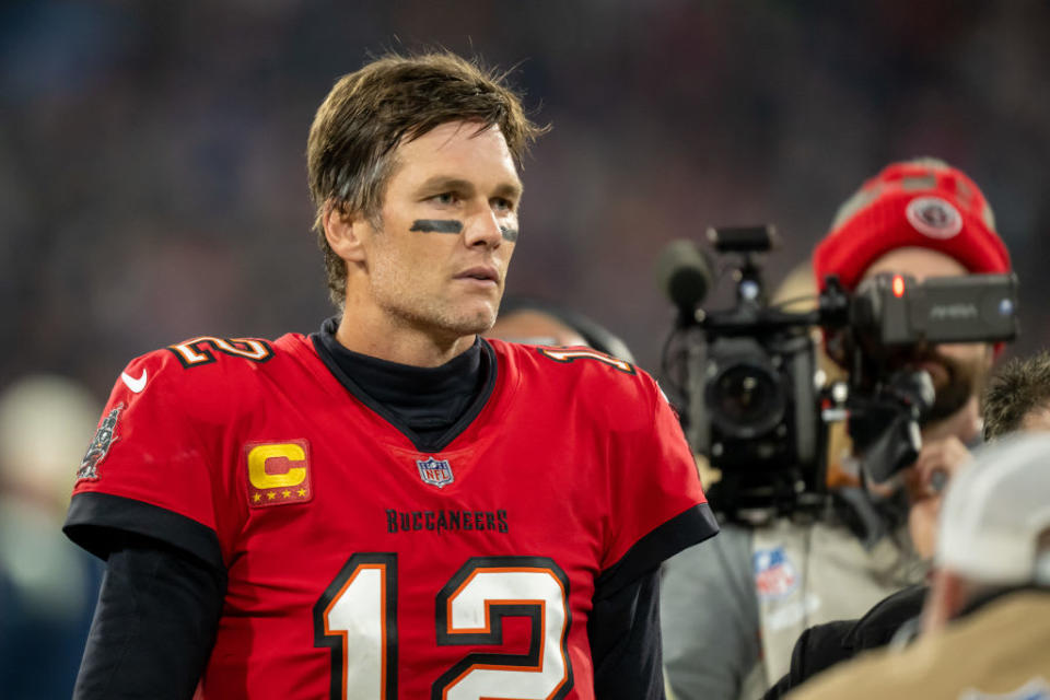<div class="inline-image__caption"><p>Tom Brady after the NFL match between Seattle Seahawks and Tampa Bay Buccaneers at Allianz Arena on Nov. 13, 2022, in Munich, Germany.</p></div> <div class="inline-image__credit">Sebastian Widmann/Getty</div>