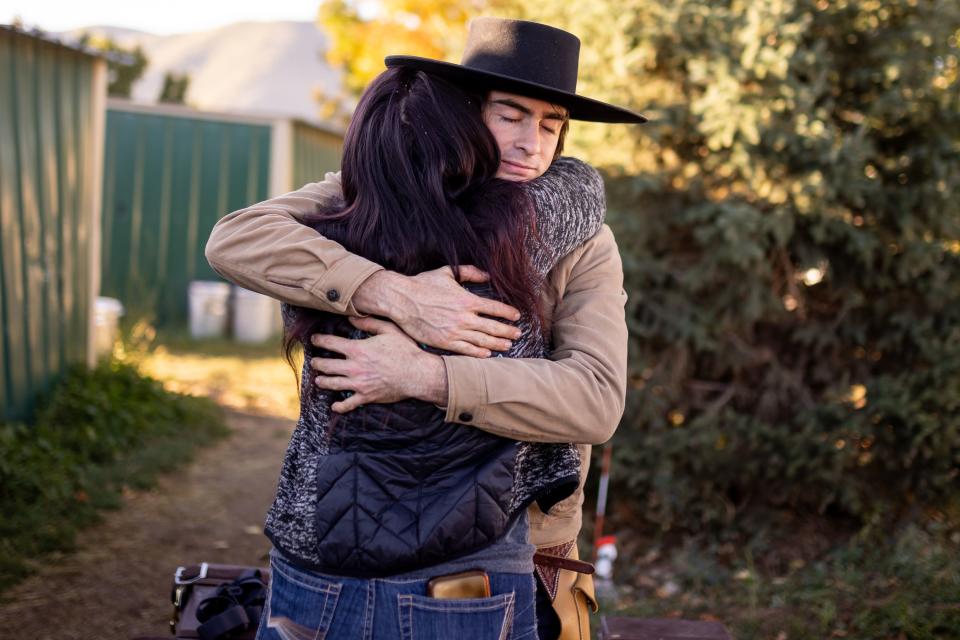 Jake Harvath hugs Brooke Sweat, who is the barn manager at Sage Creek Equestrian in Charleston, Wasatch County, as Harvath prepares to embark on a yearlong horse ride across the country on Monday, Sept. 25, 2023. | Spenser Heaps, Deseret News