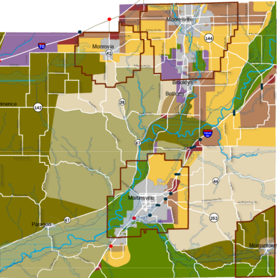 Lines in dark red indicate the extent of buffer zones of Martinsville, Monrovia, Mooresville and Morgantown.