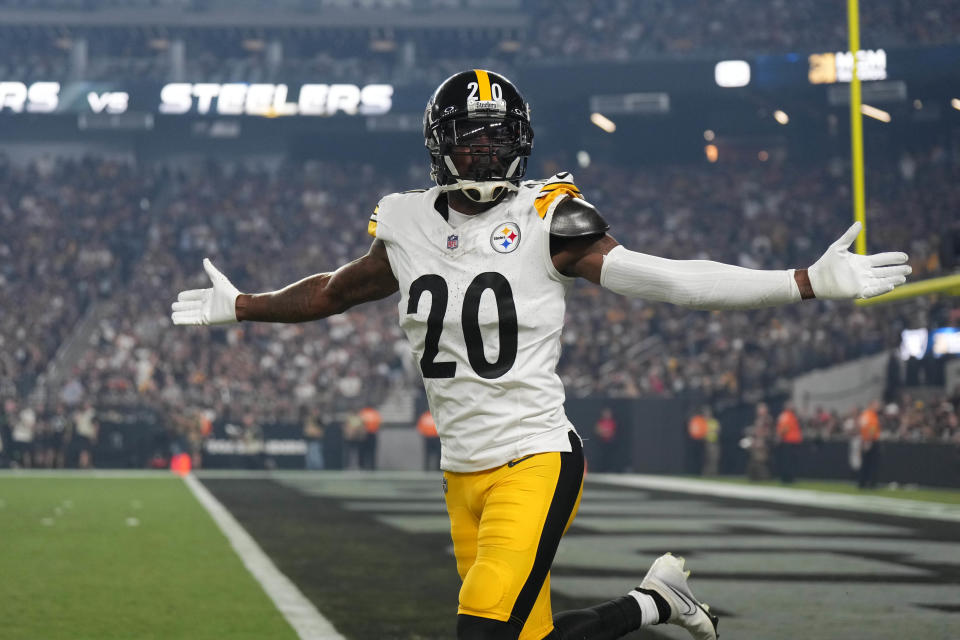 Sep 24, 2023; Paradise, Nevada, USA; Pittsburgh Steelers cornerback Patrick Peterson (20) celebrates after intercepting a pass against the Las Vegas Raiders in the second half at Allegiant Stadium. Mandatory Credit: Kirby Lee-USA TODAY Sports