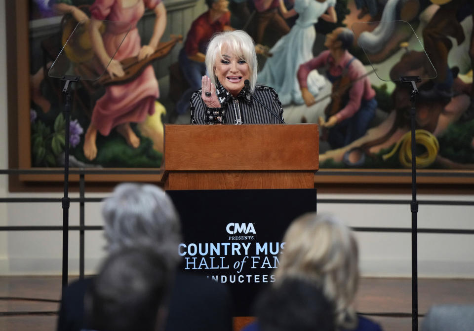 Tanya Tucker speaks at a news conference for the Country Music Hall of Fame on Monday, April 3, 2023, in Nashville, Tenn. (Photo by Ed Rode/Invision/AP)