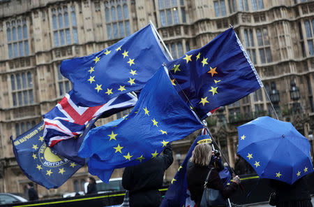 Anti-Brexit protesters demonstrate outside the Houses of Parliament in London, Britain, December 13, 2017. REUTERS/Simon Dawson