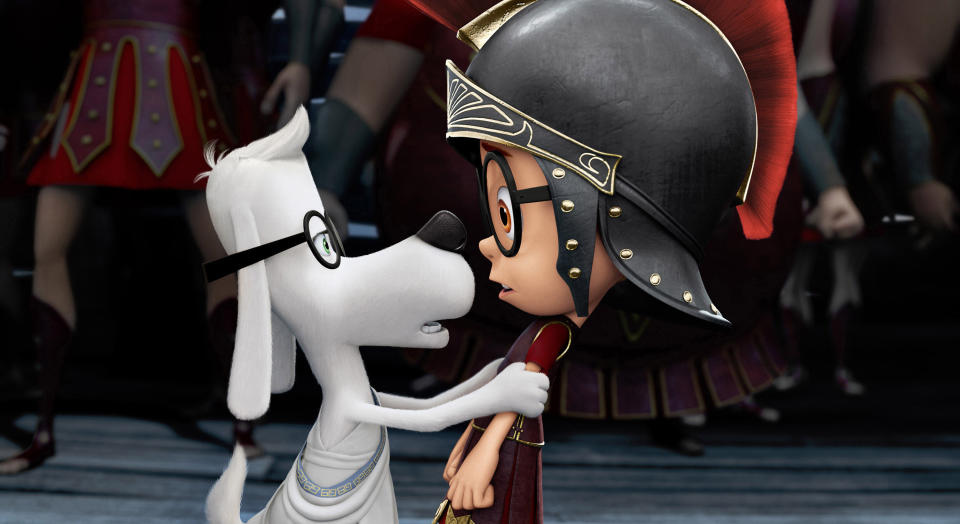 This image released by DreamWorks Animation shows Sherman, voiced by Max Charles, right, and Mr. Peabody, voiced by Ty Burell, in a scene from "Mr Peabody & Sherman." (AP Photo/ DreamWorks Animation)