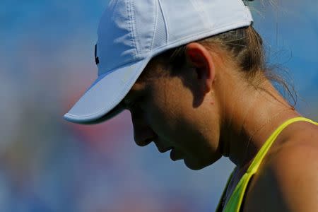 Aug 19, 2017; Mason, OH, USA; Simona Halep (ROU) reacts against Sloane Stephens (USA) during the Western and Southern Open at the Lindner Family Tennis Center. Mandatory Credit: Aaron Doster-USA TODAY Sports