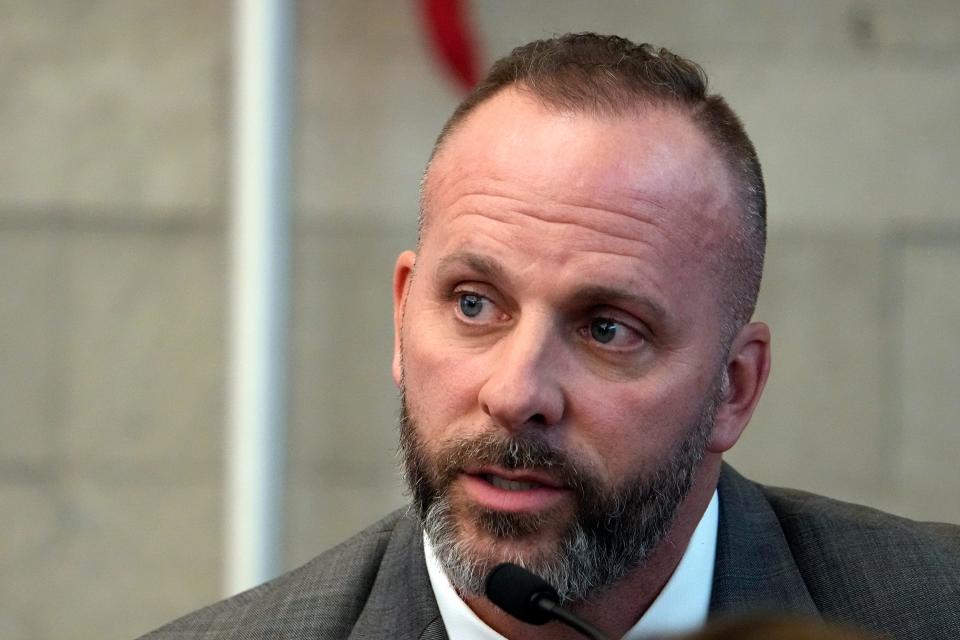 Former Franklin County Sheriff's deputy Michael Jason Meade testifies in his own defense on Wednesday in Franklin County Common Pleas Court. Meade testified he shot Casey Goodson Jr. after the 23-year-old pointed a gun at him on Dec. 4, 2020.