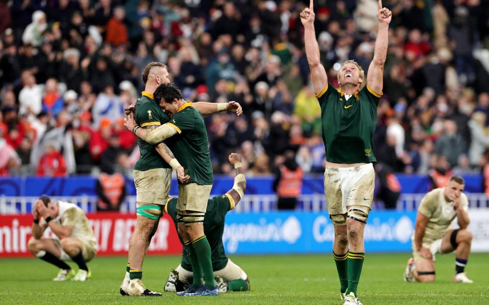 Pieter-Steph Du Toit (right) celebrates after South Africa clinch late semi-final victory against England