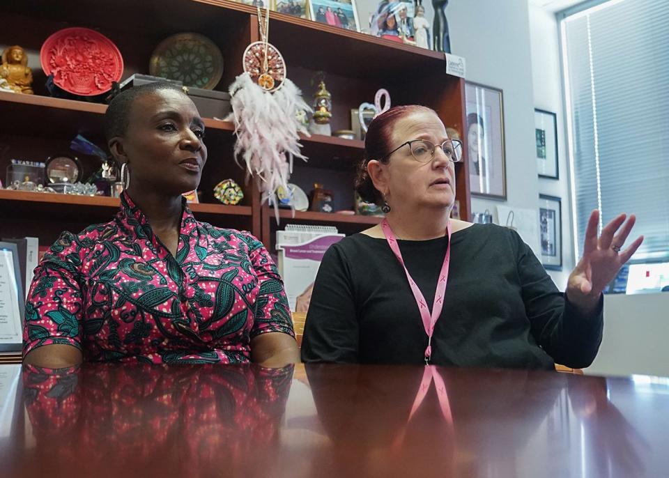 Registered nurse Isabella Naana Asante, left, and Dr. Karen Karsiv were photographed at Good Samaritan Hospital in Suffern on Wednesday, October 25, 2023. Asante, a breast cancer survivor and former patient of Dr. Karsif, is raising funds to open the Embrace Breast Cancer Care Center at Komfo Anokye teaching Hospital in Ghana.