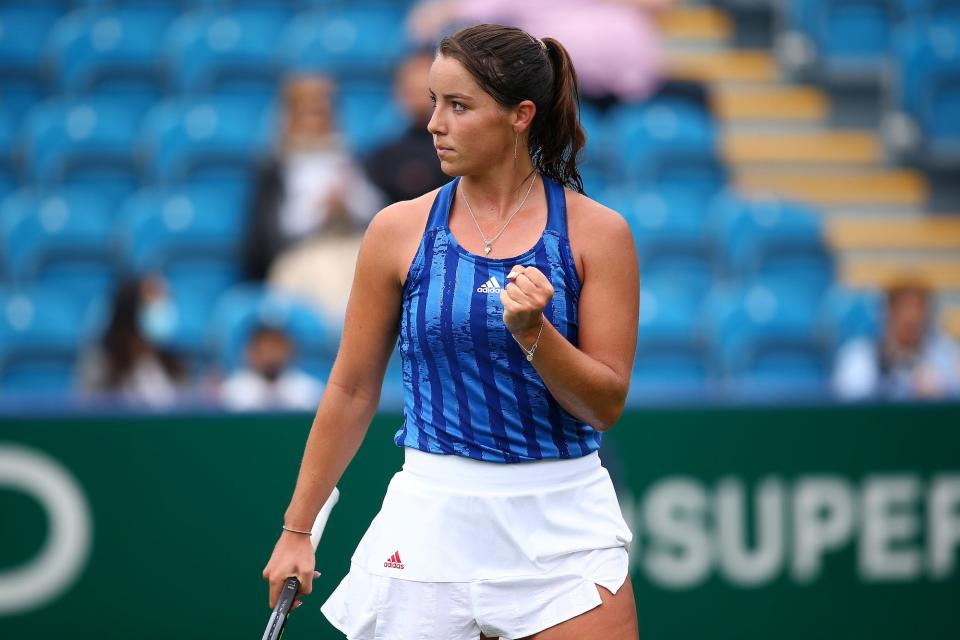 Jodie Burrage of Great Britain celebrates winning a point during her women's qualifying match against Kristina Mladenovic of France during day 1 of the Viking International Eastbourne at Devonshire Park