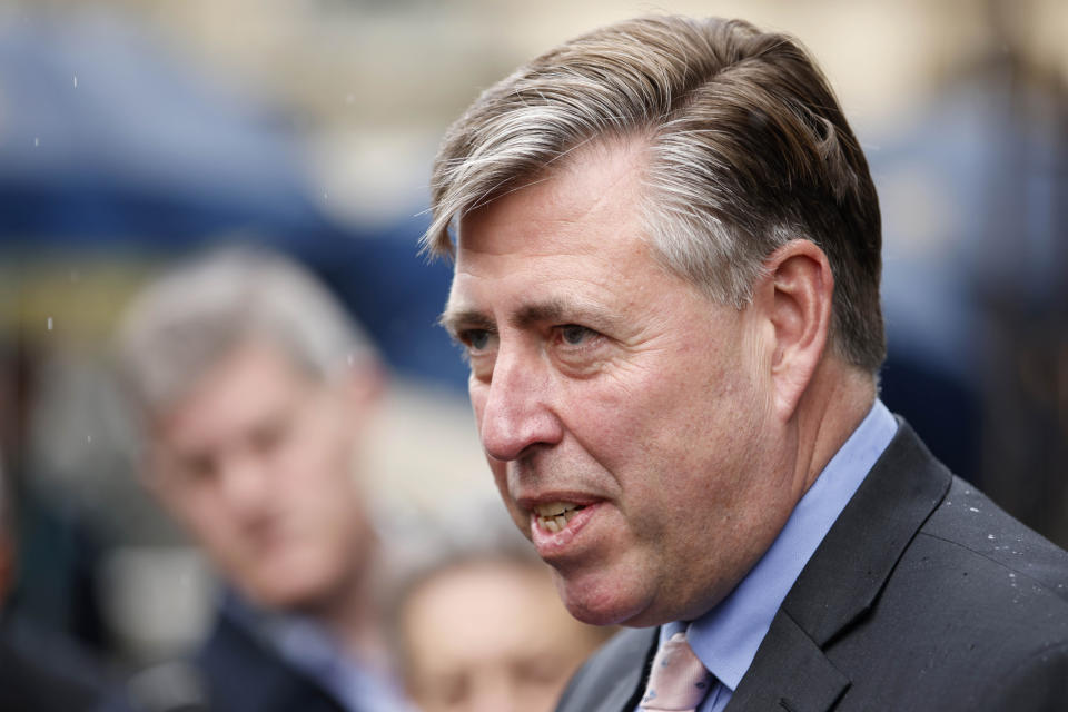 Graham Brady, Chairman of the 1922 Committee, speaks to media in front of parliament in London, Thursday, Oct. 20, 2022. Britain's Prime Minister liz Truss resigned Thursday, bowing to the inevitable after a tumultuous, short-lived term in which her policies triggered turmoil in financial markets and a rebellion in her party that obliterated her authority. (AP Photo/David Cliff)