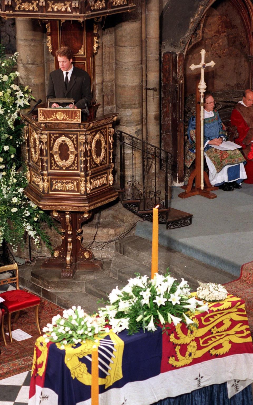  Earl Spencer delivering his address to the congregation inside Westminster Abbey during the funeral service for his sister, Diana, Princess of Wales - Credit: PA