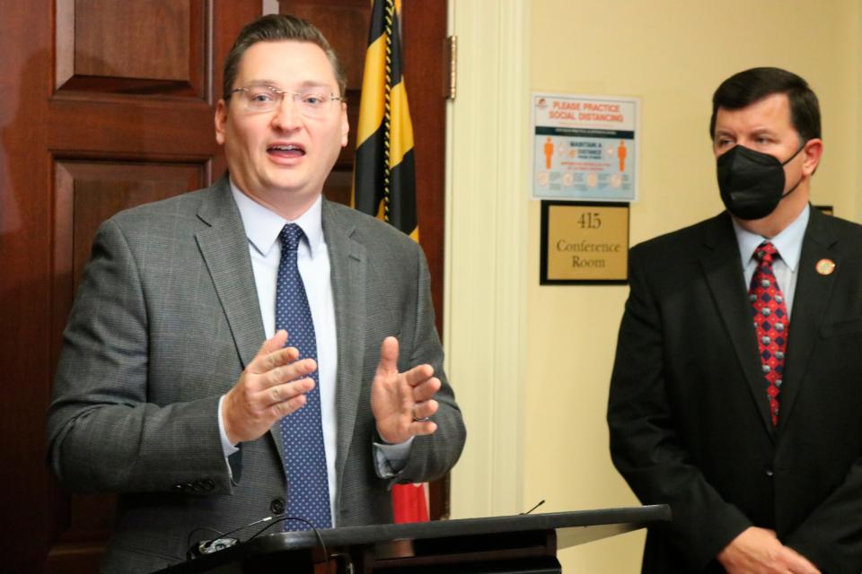 Sen. Michael Hough, a Frederick County Republican, talks about legislation to battle crime in Maryland during a news conference on Thursday, Feb 2, 2022, in Annapolis. Sen. Bryan Simonaire, the Senate minority leader, is standing right.