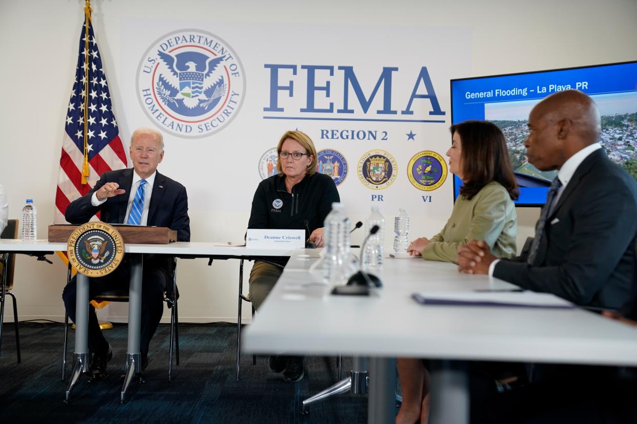 President Joe Biden speaks as from left, Federal Emergency Management Agency Administrator Deanne Criswell, New York Gov. Kathy Hochul, and New York City mayor Eric Adams listen during a meeting at the FEMA Region 2 office in New York, Thursday, Sept. 22, 2022. 