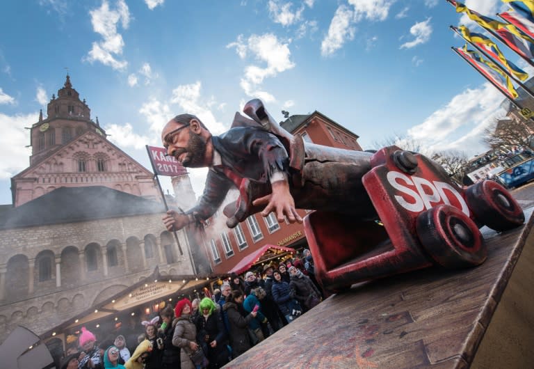 A carnival float depicting a caricature of the leader of the Social Democratic Party Martin Schulz