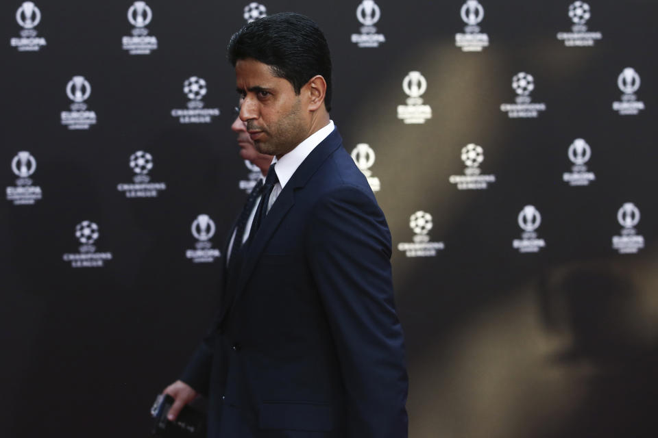 Paris Saint-Germain president Nasser Al-Khelaifi arrives for the soccer Champions League draw in Istanbul, Turkey, Thursday, Aug. 25, 2022. (AP Photo/Emrah Gurel)