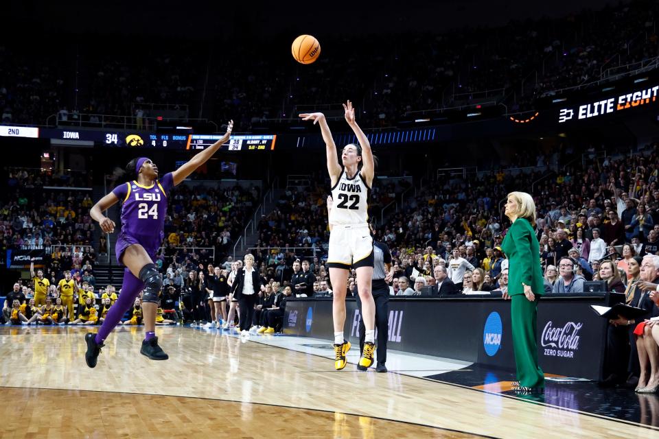 Iowa guard Caitlin Clark shoots a 3-pointer during the Hawkeyes' Elite Eight win over LSU.