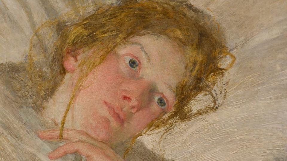 Detalle de obra del siglo XVIII del rostro de una mujer triste