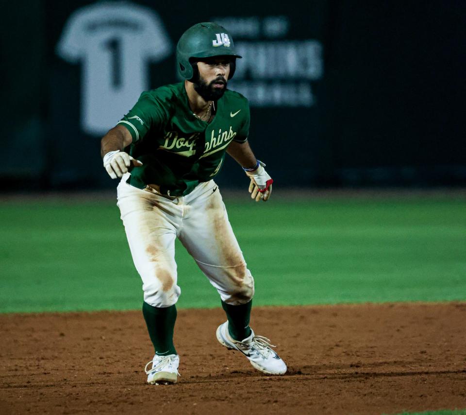 Jacksonville University redshirt freshman Abriel Delgado had 10 RBI in his first two games last week as the Dolphins swept a doubleheader against Cincinnati.