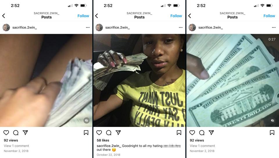 Screenshots of Lashawnda Scales' Instagram posts showing her flaunting cash. In numerous Instagram and Facebook posts reviewed by USA TODAY, Scales flashes wads of cash and talks about her hustle.