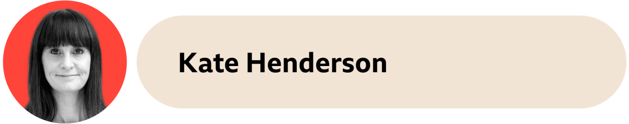 A beige box with the words Kate Henderson written on it. Kate's face is in an orange circle on the left side. 