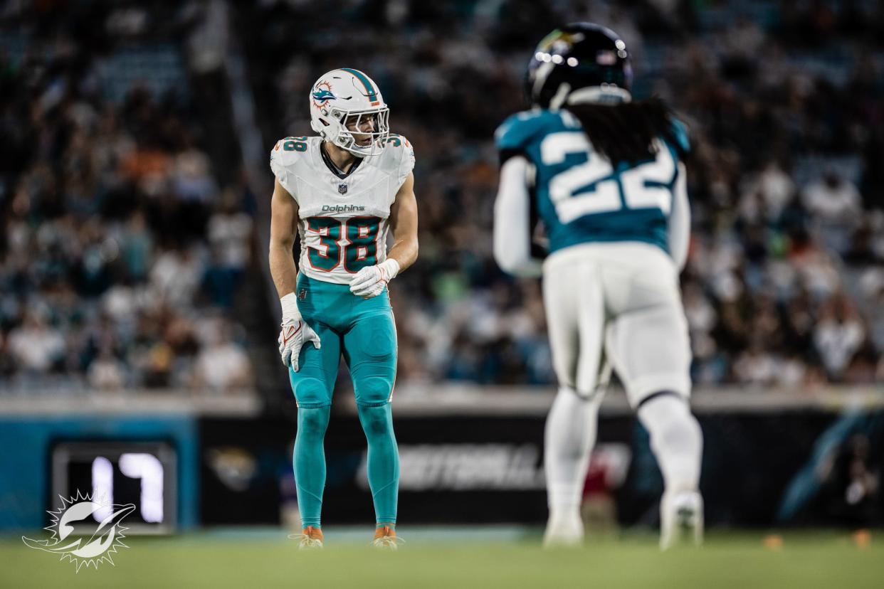 Miami Dolphins cornerback Ethan Bonner (38) at the line of scrimmage during an NFL football game against the Jacksonville Jaguars, Saturday, Aug. 26, 2023 in Jacksonville, Fla.