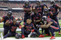 <p>The Houston Texans defense celebrates after an interception in the second quarter against the Cleveland Browns at NRG Stadium on December 2, 2018 in Houston, Texas. (Photo by Tim Warner/Getty Images) </p>