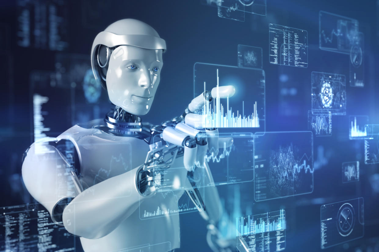 An artificial intelligence robot touches a futuristic data screen.