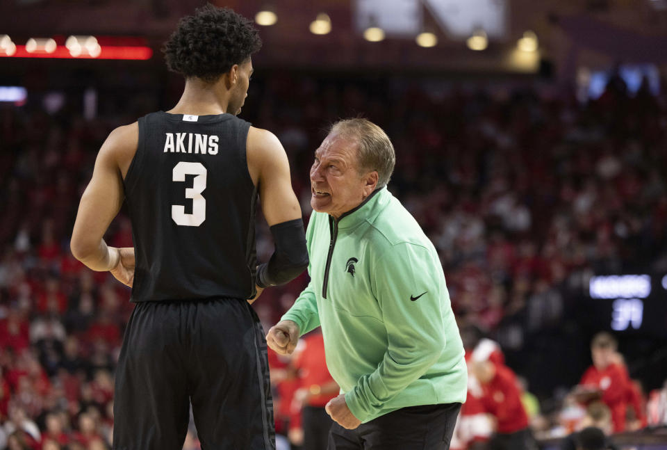 Michigan State head coach Tom Izzo screams in the face of Jaden Akins (3) as they play against Nebraska during the second half of an NCAA college basketball game, Sunday, Dec. 10, 2023, in Lincoln, Neb. (AP Photo/Rebecca S. Gratz)