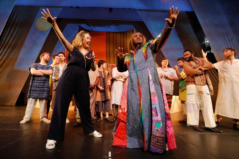 Kesley Seaman, Narrator, and Lawrence Flowers, Joseph, in Joseph and the Amazing Technicolor Dreamcoat opening on July 21 at the Zeiterion Performing Arts Center in New Bedford.