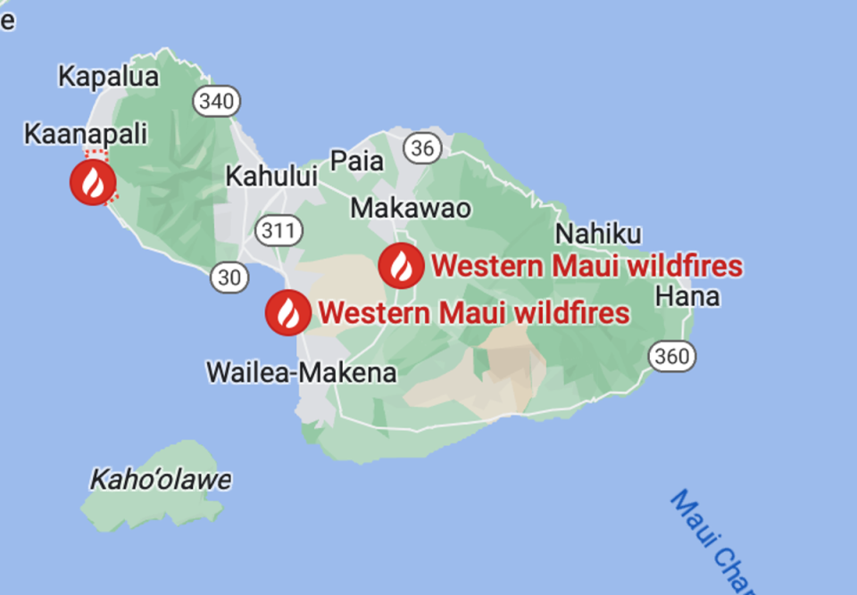 Wildfires are raging in three areas on the Hawaiian island of Maui (Google Maps)