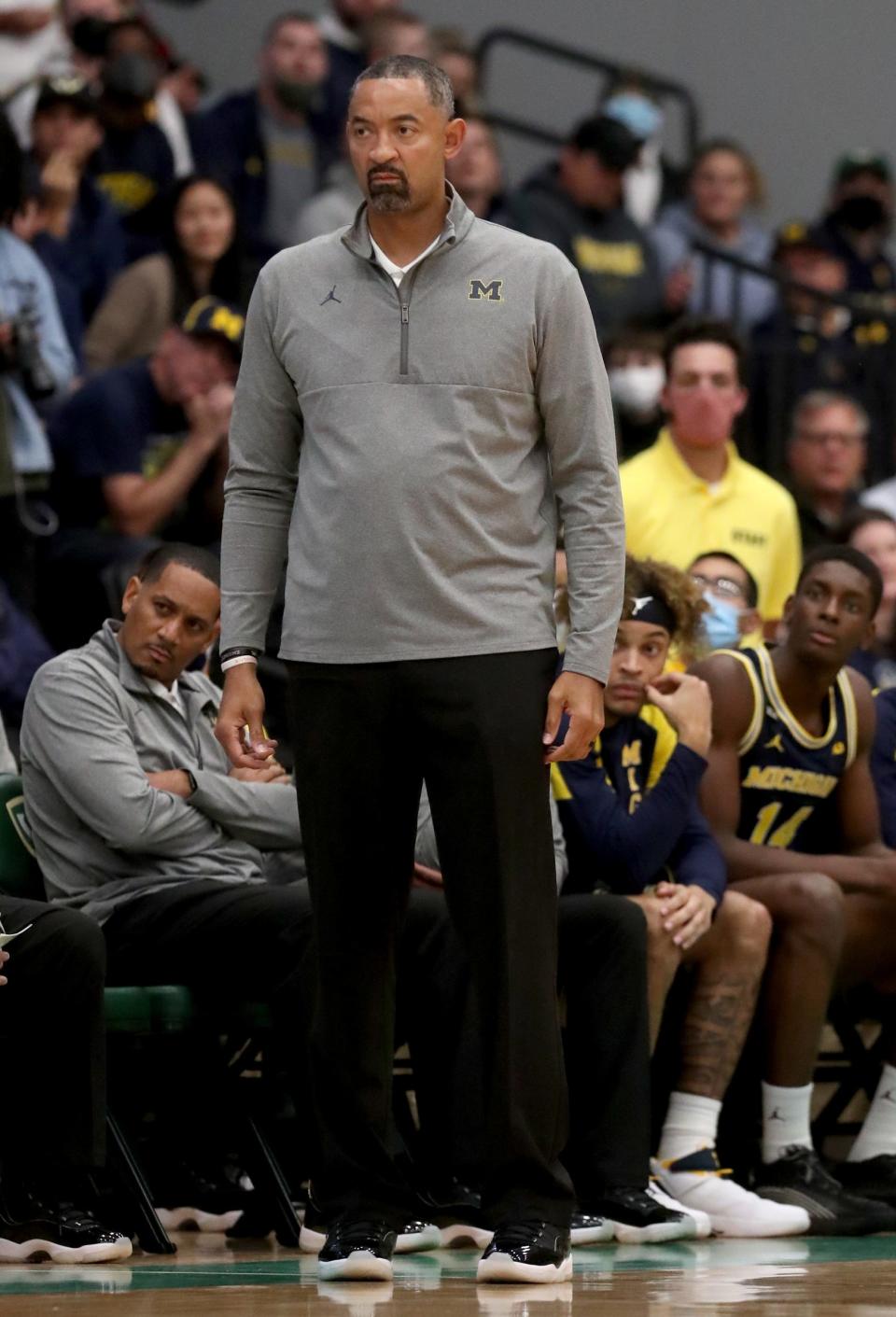 Michigan coach Juwan Howard on the bench during the second half of the 87-54 exhibition win over Wayne State on Friday, Nov. 5, 2021, at the Wayne State Fieldhouse.