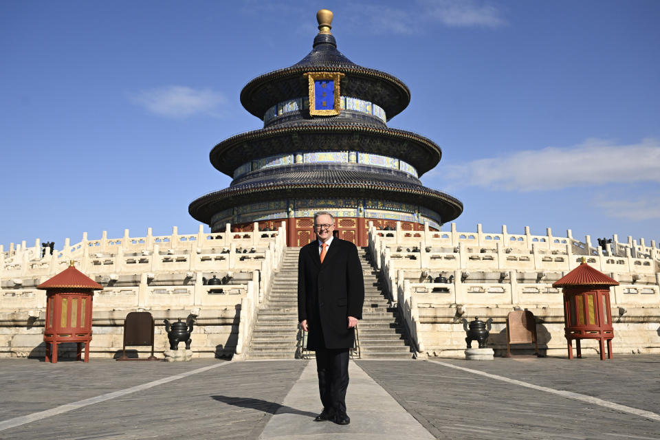 Australia's Prime Minister Anthony Albanese visits the Temple of Heaven in Beijing, China, Monday, Nov. 6, 2023. Albanese has struck an optimistic tone ahead of his meeting with Chinese leader Xi Jinping, calling for cooperation while emphasizing that the two countries will continue to have differences (Lukas Coch/AAP Image via AP)
