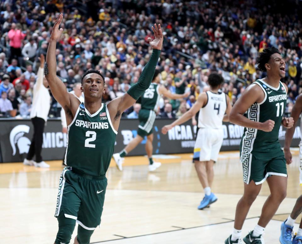 Michigan State Spartans guard Tyson Walker celebrates the 69-60 win against the Marquette Golden Eagles in the second round of the NCAA tournament in Columbus, Ohio, March 19, 2023.