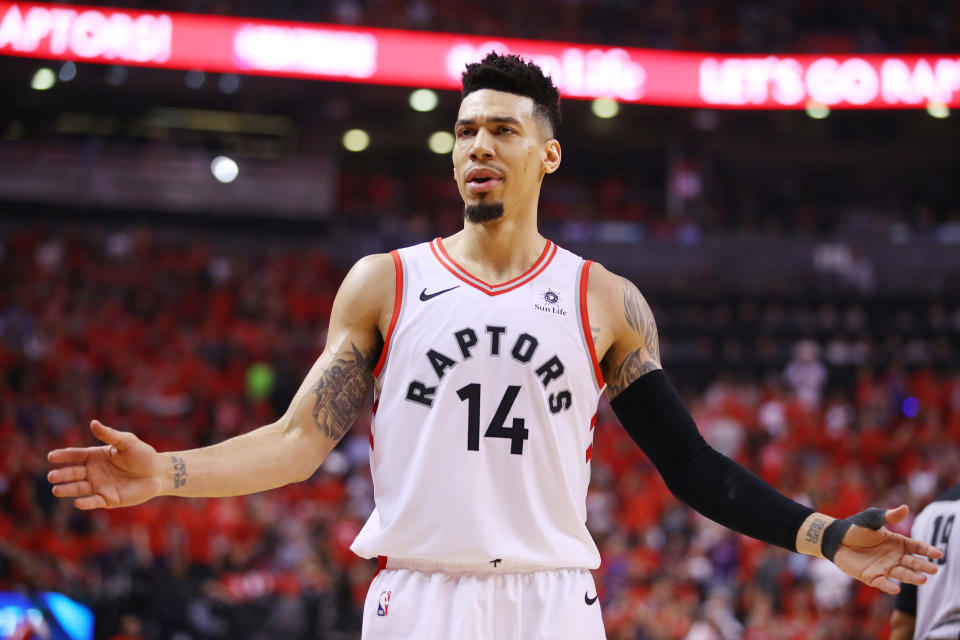 TORONTO, ONTARIO - JUNE 10:  Danny Green #14 of the Toronto Raptors reacts against the Golden State Warriors in the first half during Game Five of the 2019 NBA Finals at Scotiabank Arena on June 10, 2019 in Toronto, Canada. NOTE TO USER: User expressly acknowledges and agrees that, by downloading and or using this photograph, User is consenting to the terms and conditions of the Getty Images License Agreement. (Photo by Gregory Shamus/Getty Images)