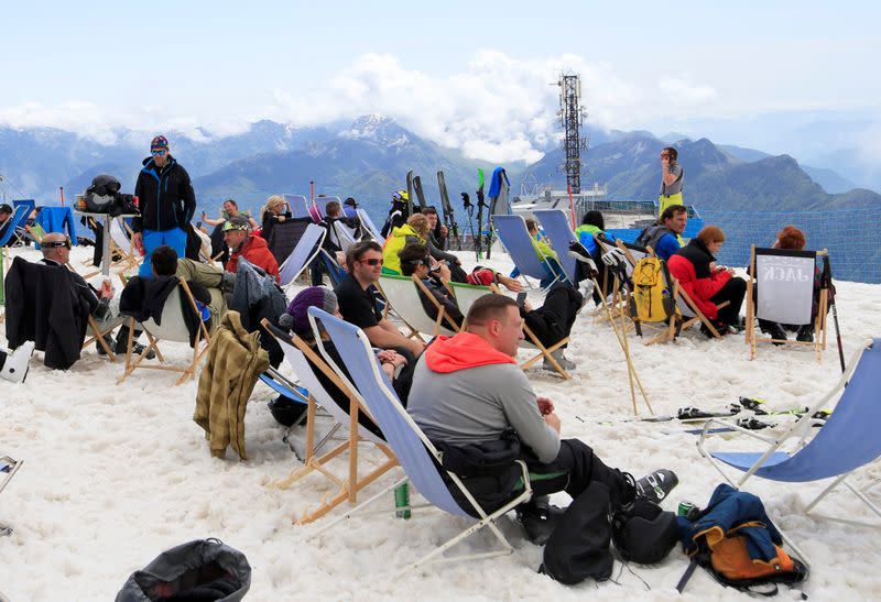 People ski on the slopes of Kanin after the Slovenian government called an official end to the country's coronavirus disease (COVID-19) outbreak, in Kanin