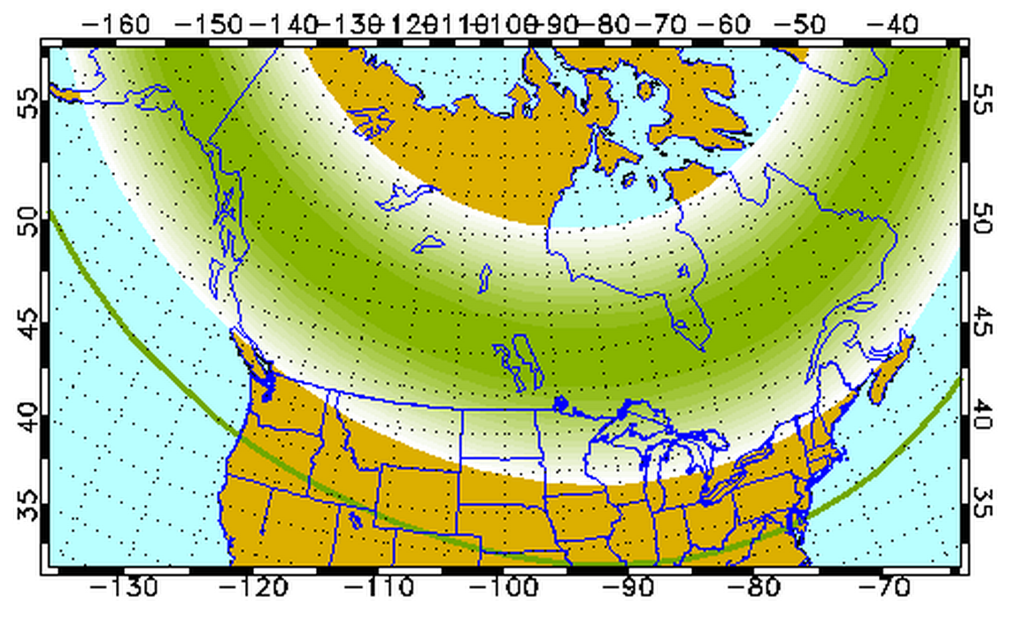 The aurora borealis forecast map for Sunday, Sept. 4 from the University of Alaska Fairbanks’ Geophysical Institute.