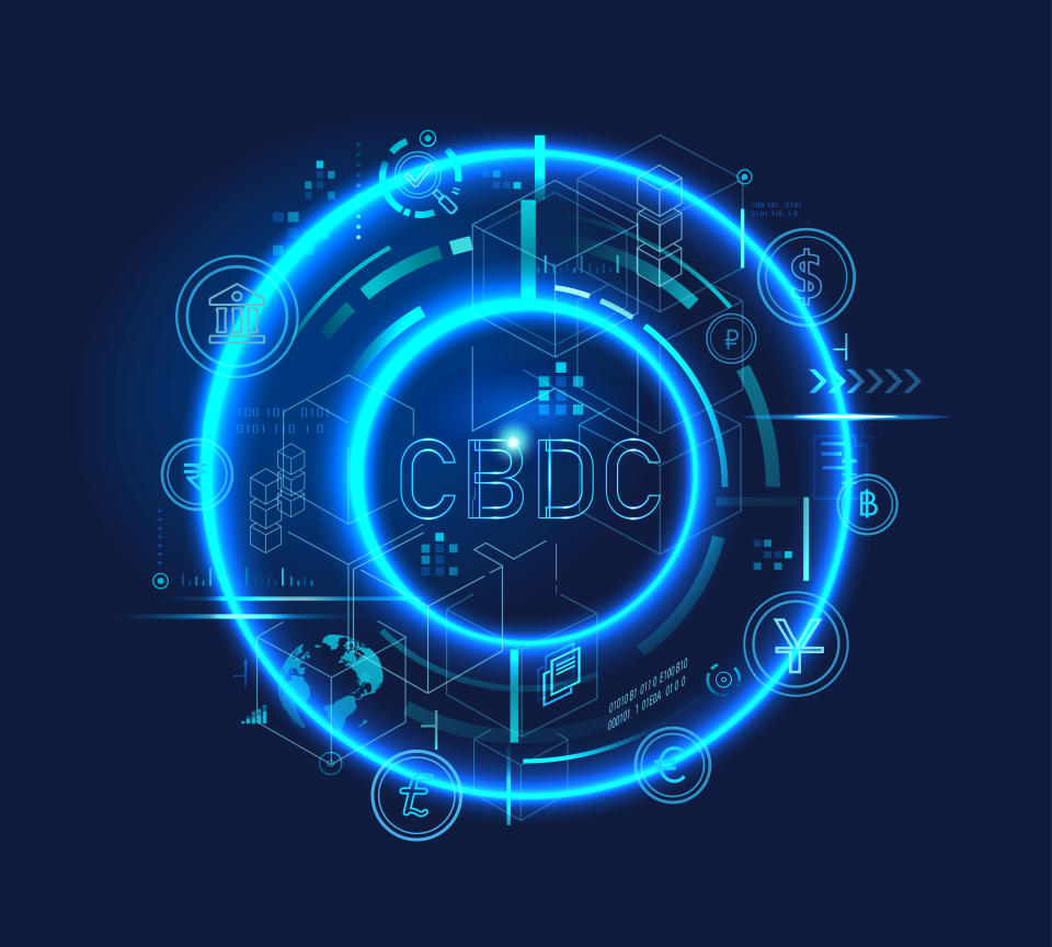 CBDC Central Bank Digital Currency banner logo for business technology, financial, blockchain, exchange, money and digital asset. futuristic vector background concept.